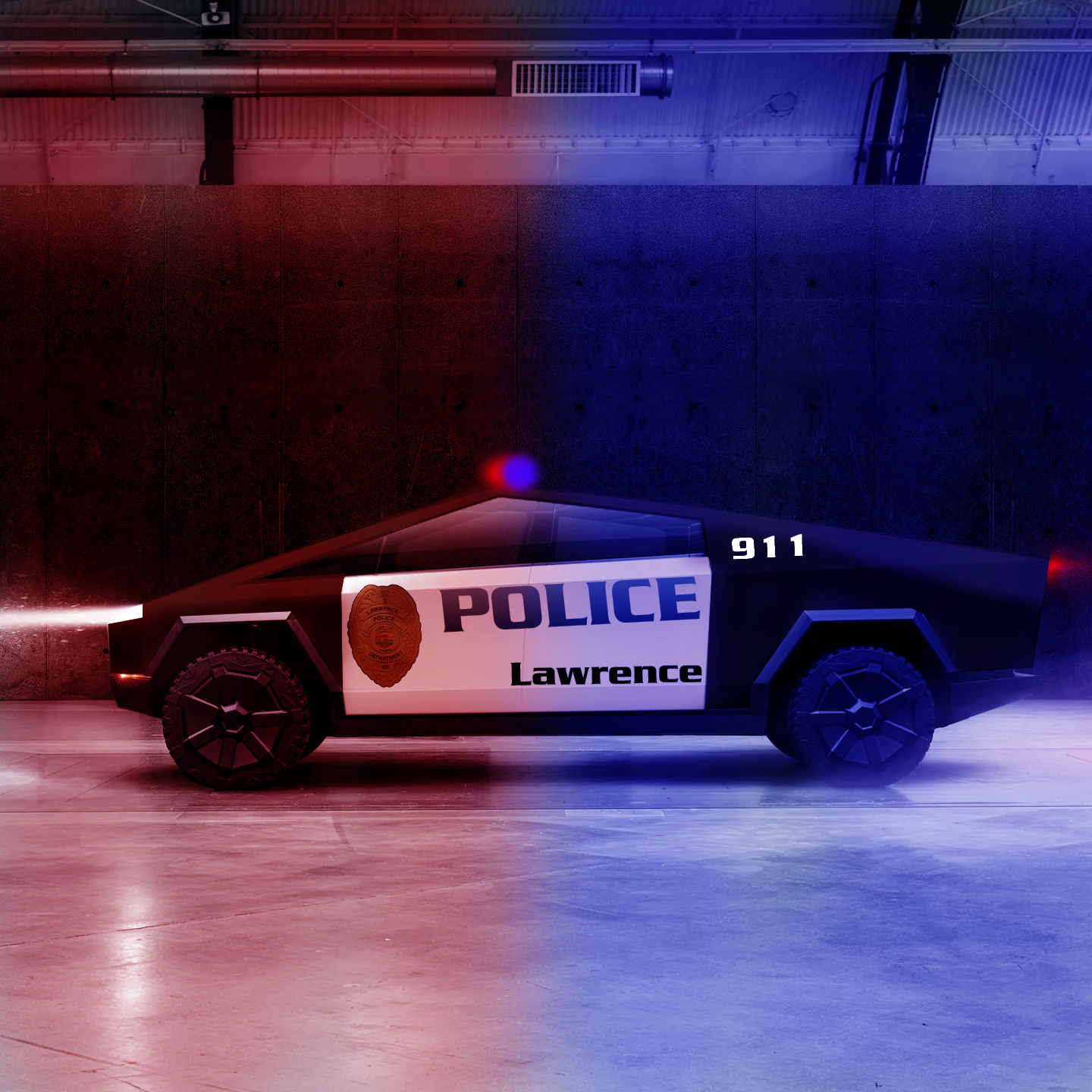 Tesla Cybertruck with photoshopped Lawrence Police Department livery